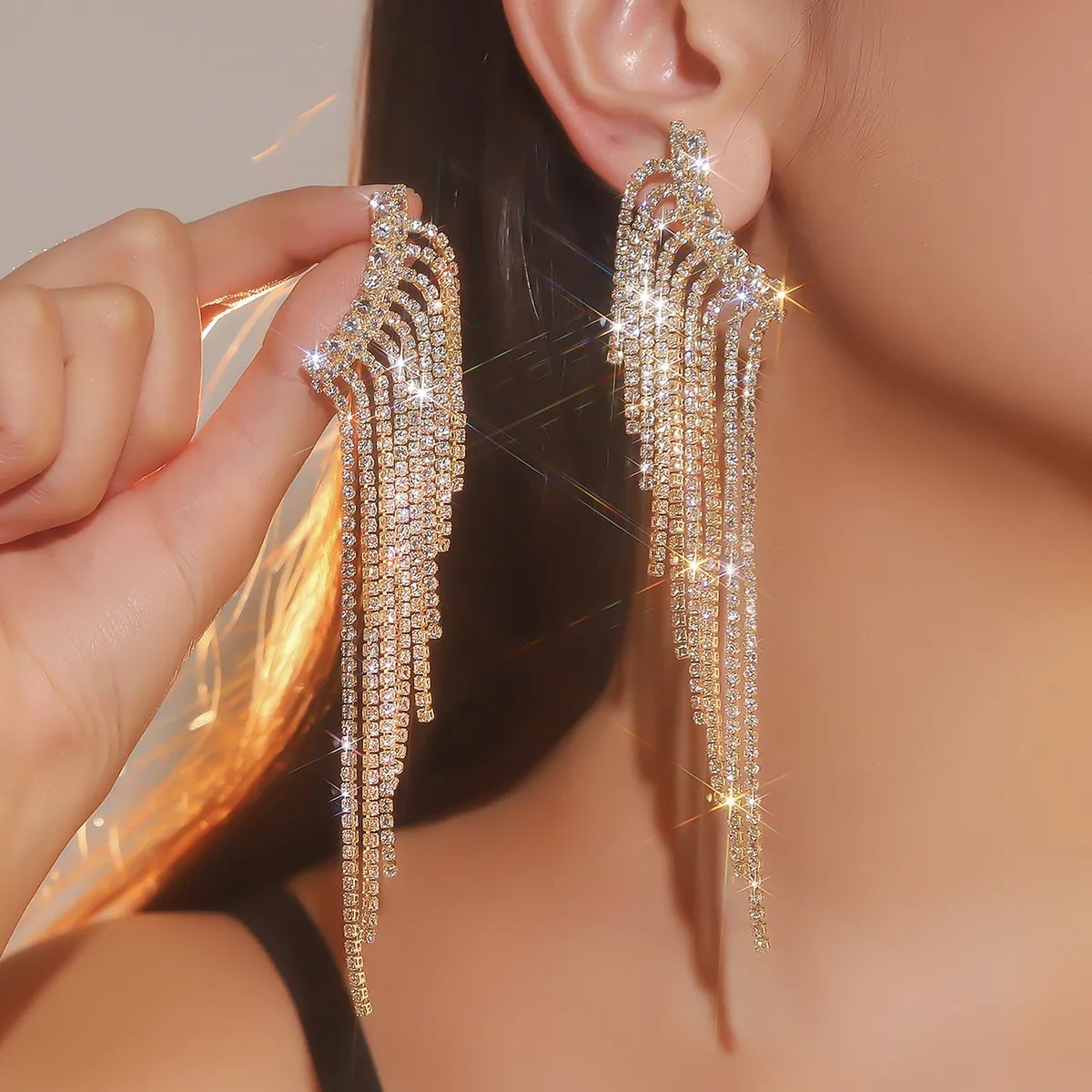 Wing-shapedrhinestone tassel earrings: Exaggerated design Women Jewelry Wholesale Accessory - Montreal Local Stock